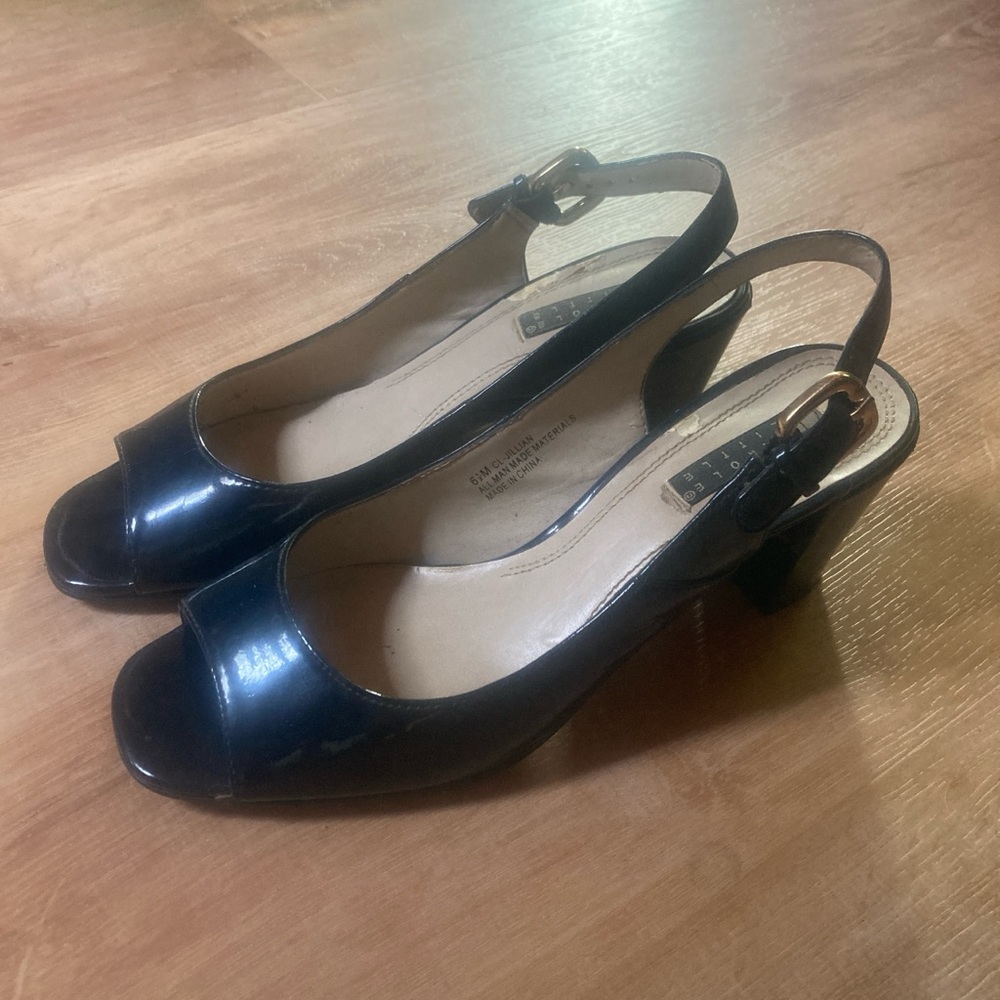 Carole Little Navy Peep-Toe Slingback Block Heels